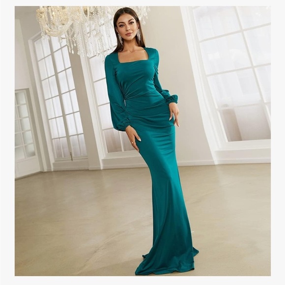 Long Lantern Sleeve Dark Green Mermaid Bodycon Square Neck Dress Sz Large NWT - Picture 2 of 8